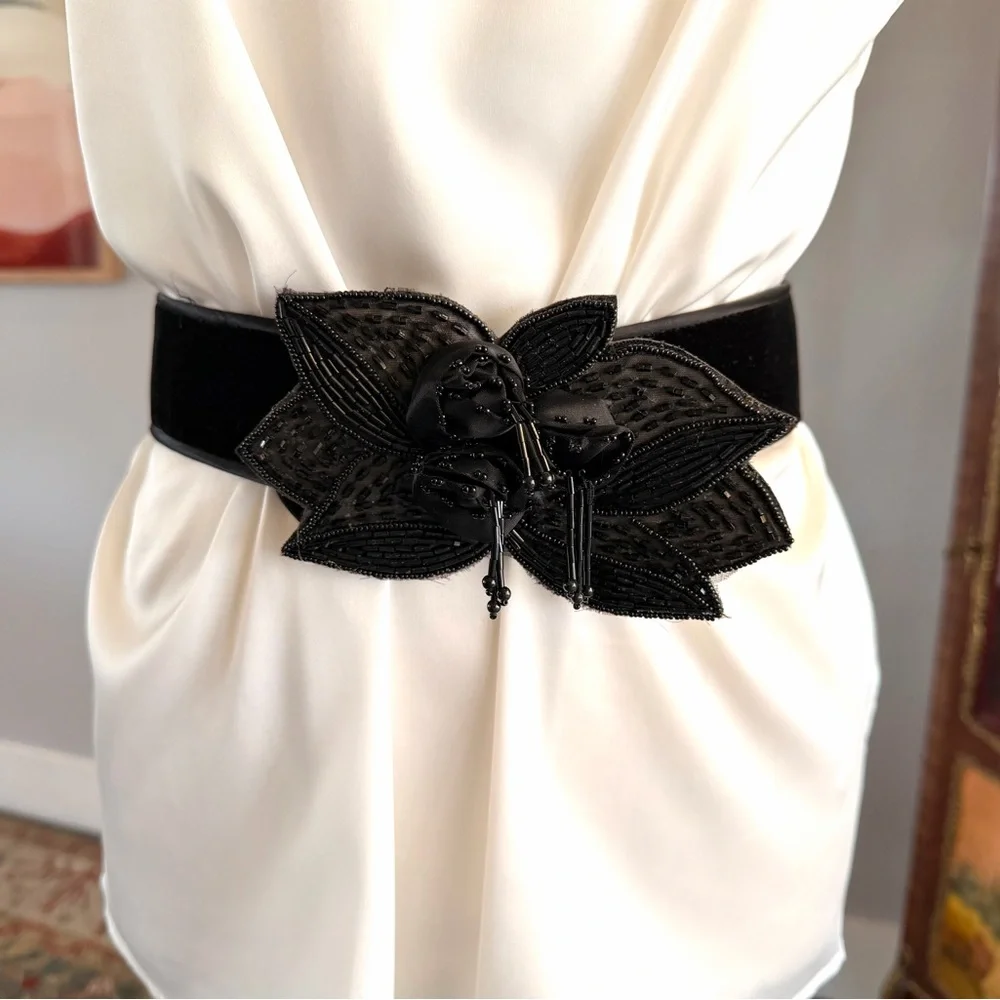 Magid Black Beaded Floral Belt